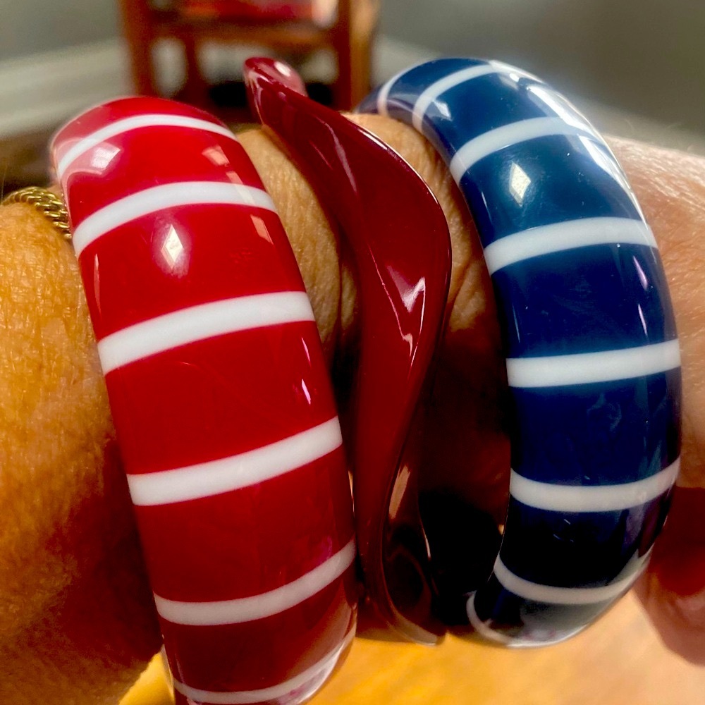Vintage Bangle Bracelet’s .Red & Blue Striped w Red Curved..Lucite, so cool on!